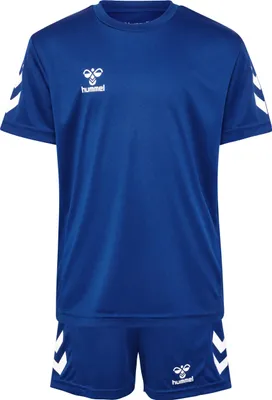 A blue t-shirt and shorts set with white Hummel logos and stripes.