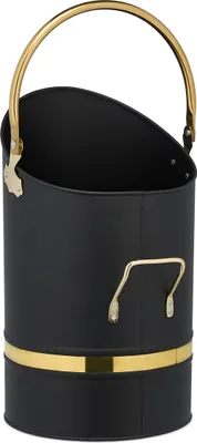 Produktbild von Relaxdays Kohlenschütte, 12l, Eisen, Kohleeimer mit Griff & Henkel, Kohlekorb zum Nachfüllen, Kamin, Grill, schwarz/gold