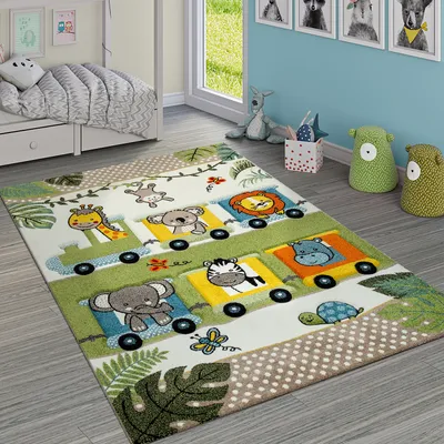 Produktbild von Kinderteppich Bunt Grün Zoo Tiere Lokomotive Zug Dschungel 3-D Effekt Kurzflor Grösse Ø 120 cm Rund