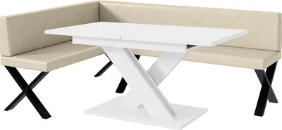 Produktbild von MEBLINI Eckbank für Esszimmer mit ausziehbarem Tisch  - Küchenbank - Essecke - Sitzecke Küche - ERIC - X-Beine 142x196x87cm Links - Creme Kunstleder/B Weiß Matt
