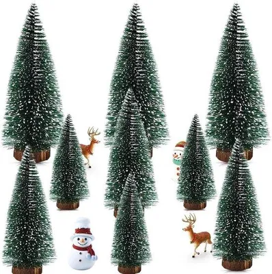 Produktbild von Kunstbaumsatz mit 9 grünen Tannenbäumen mit Schneeeffekt - Holzbasis - künstlich - 10/15/20 cm - DIY-Dekoration für das Esszimmer