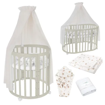 Produktbild von Waldin Babybett OWAL Kinderbett 7in1 mit Matratze, mitwachsendes Kinder-Bett,Stoffe Champagner Löwenzahn,Holz olive