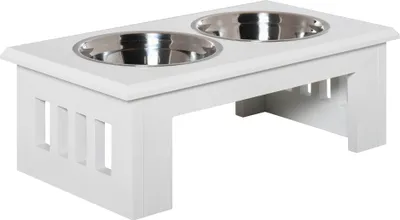 Obrázek produktu pro Zvýšená miska pro psy s nerezovými miskami, rozměry 58,4 x 30,5 x 25,4 cm, z MDF, protiskluzová, snadno se udržuje, bílá, pro psy