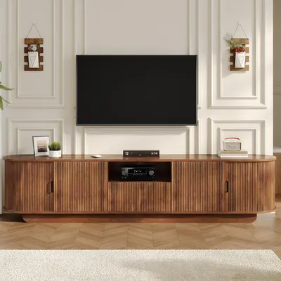 Produktbild von Merax TV Lowboard mit Schiebetüren, 200cm Fernsehtisch mit 3D-Wellenstruktur, TV Schrank mit Schublade, Offenes Fach, Wohnzimmer Sideboard, Nussbaum
