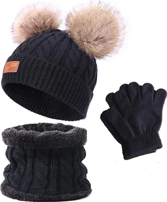 Produktbild von Mütze und Halstuch Baby Set,Bommel Beanie Strickmütze Schalmütze,Mütze und Halstuch Baby,Mütze und Halstuch für Kinder,Schal Mütze und Handschuhe