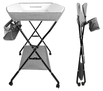 Produktbild von Wickeltisch faltbar und tragbar 3-in-1, belastbar bis 25 kg, mit Aufbewahrungskorb, Sicherheitsgurt und 4 Rollen, höhenverstellbar, grau, 86x62x96 cm
