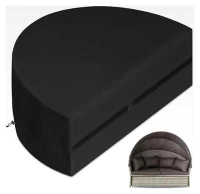 Produktbild von Halbrunde Sonneninsel Abdeckung, Schutzhülle für Rattanlounge Sonneninsel, 600D Abdeckplane für Liegeinsel mit Kordelzug und Schnappband, wasserdicht, UV-beständig, schwarz (170 * 72 * 80 cm)