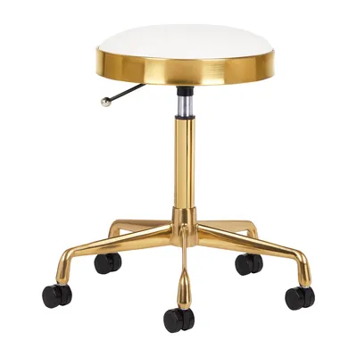 A white and gold rolling stool against a white background.