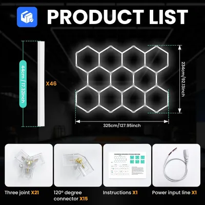 Obrázek produktu pro LED osvětlení do garáže - 11 hexagonálních světel - Vysoký jas - Připojitelné - Stropní svítidlo - Bez stmívání - Vhodné do dílny