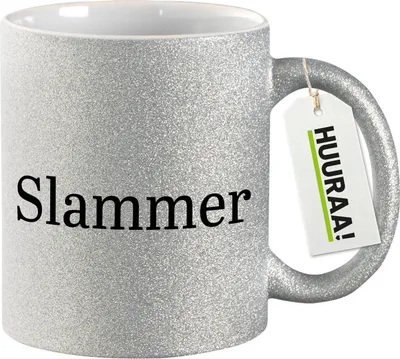 Produktbild von Huuraa Glitzertasse Slammer Schriftzug 330ml Silber Keramik Kaffeebecher Geschenkidee