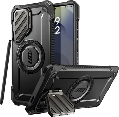A black phone case with a kickstand and a stylus is displayed with a phone inside.