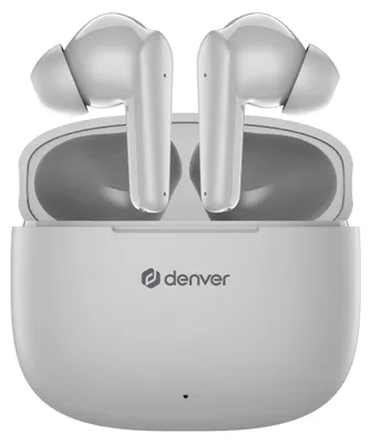 A pair of white wireless earbuds and their charging case are shown against a white background.