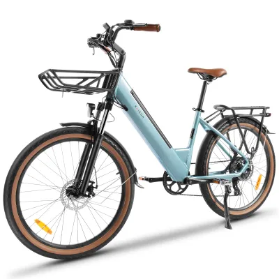 Image de Vélo électrique urbain K601 pour adultes, avec une taille de roue de 26 pouces, moteur de 250W, batterie amovible de 36V et 16Ah, cadre à faible déport, freins à disque mécaniques, fourche à suspension, poids maximal supporté : 150 kg