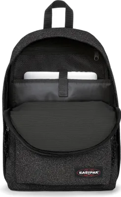 A black Eastpak backpack with a speckled pattern is shown from the front, open to reveal its interior compartments.