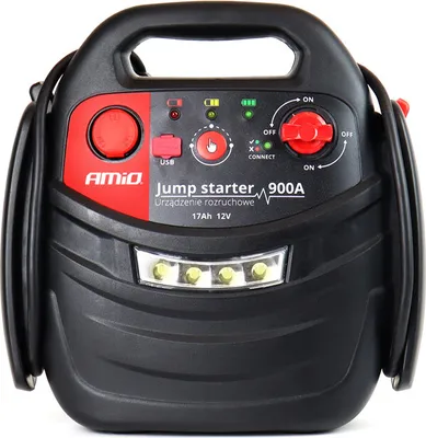 A black and red jump starter device with various buttons and indicators.