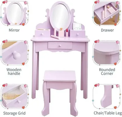 Produktbild von Schminktisch Set für Kinder - Frisier- und Schminktisch mit Spiegel und Hocker - Holz - Metallrahmen - Für Mädchen 4–9 Jahre - Braun