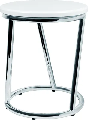 A white round stool with a chrome metal frame against a white background.