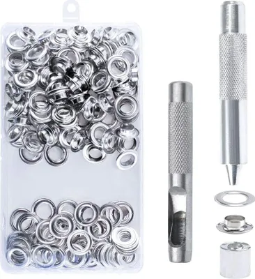 Produktbild von 100-teiliges Ösen-Set, 14 mm, Ösen-Set, Ösen-Werkzeuge, Metallösen-Ösen-Set mit Ösen-Werkzeugen für die Reparatur von Segeltuch-Planenzelten, Silber