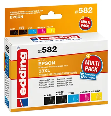 Produktbild von edding Tintenpatrone Epson 33XL EDD-582 ca. 640 Seiten schwarz ca. 3 x 650 Seiten farbig schwarz mehrfarbig 5 St./Pack.