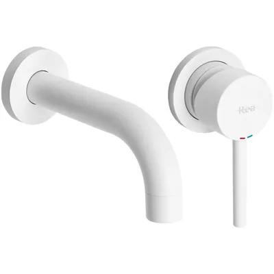 A white wall-mounted faucet and its control handle are shown against a white background.