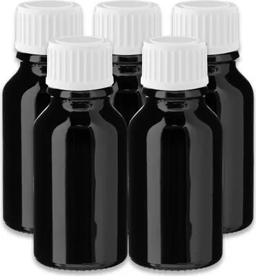 Produktbild von 5x Glasflasche schwarz 15 ml mit weißem PP Verschluss Kosmetikflaschen