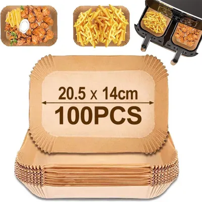Produktbild von 100 Blatt Backpapier für Zweizonen-Heißluftfritteusen, 20,5 x 14 cm. Kompatibel mit Ninja Food Dual Air Fryer AF300EU AF400EU, Princess und anderem Zubehör für Zweizonen-Heißluftfritteusen.