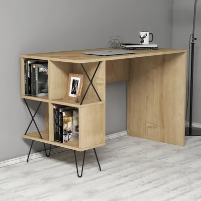 Produktbild von Skye Decor, Hochwertiger Schreibtisch, 120 x 60 x 78,8 cm, Eiche und Schwarz | 100% melaminbeschichtete Spanplatte, 18 mm dick | Mit zahlreichen Regalen, Wandmontage möglich, Modernes Industriedesign.