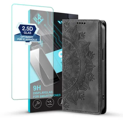 Produktbild von Mandala Handyhülle für Google Pixel 11 / 11 Pro RFID Schutz Klapphülle Case Cover Design Schutzhülle mit 9H Displayglas Farbe: Schwarz