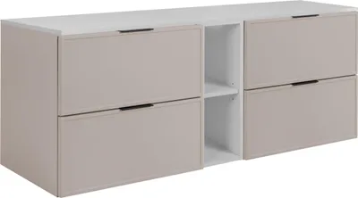 Zdjęcie produktu dla RODAN | Szafka Pod Umywalkę - Wisząca - SLIM - 140 CM - Kaszmirowa - 3 Kolory Uchwytów - MDF - Biały Blat i Regał - 4 Szuflady