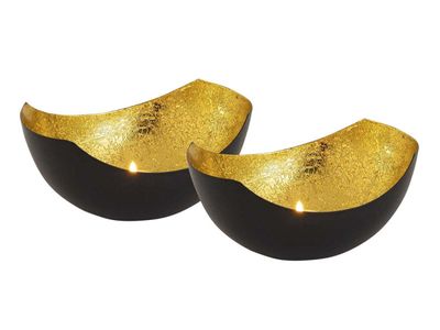 SVJ Home Decorations Teelichthalter Gould - 12x15x7 cm - Metall - Schwarz/Gold  - 2er Set
