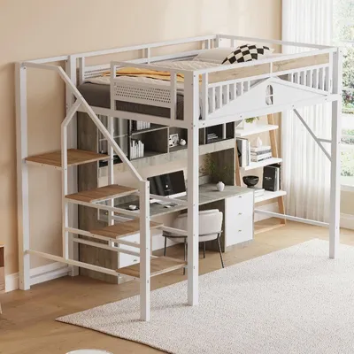 Produktbild von Hochbett 140x200cm aus Metall in Weiß mit Fensterdesign, Sicherheitsleiter und Stauraum unter dem Bett, Gesamtmaß 255x145x170cm