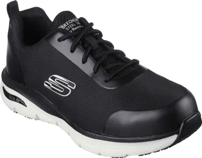 A black Skechers work shoe with a white sole and white Skechers logo on a white background.