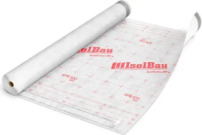 A roll of white underlayment material with red grid lines and branding, partially unrolled on a white surface.