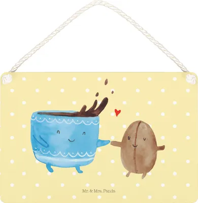 Produktbild von Mr. & Mrs. Panda Wandbild Holz Kaffee Bohne DIN A5 - Gelb Pastell - Geschenk, Zufriedenheit, Schild, holzbild, Glück, Holzschild, Lustige Sprüche, wandtafel, Kaffeebohne