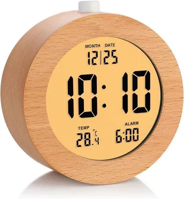 Image de Horloge numérique ronde en bois 10 cm - Écran LCD avec heure, date et température, veilleuse - Format 12/24 heures, fonctionne sur piles