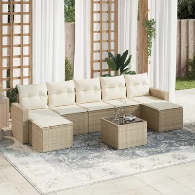 Produktbild von Design 8-tlg. Garten-Sofagarnitur mit Kissen Beige Poly Rattan, Gartensofas 2024 Neu