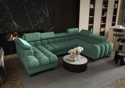 Productafbeelding van Zitmeubel met slaapbank BASTIEN, bekleed met stof Moly, kleur groen, met een ottoman aan de linkerkant