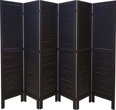 A dark brown, six-panel folding screen or room divider.