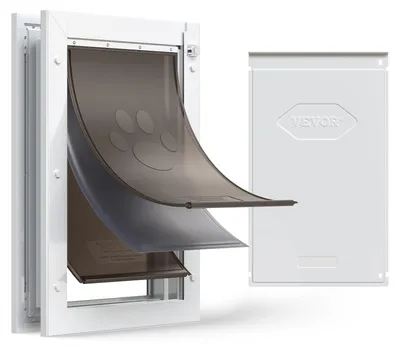 Produktbild von VEVOR Haustür, 21 cm x 30,3 cm Aluminiumrahmen mit Schloss und Klappsystem, wetterfeste Hundetür, einfach zu installieren in Innen- oder Außentüren, Haustür geeignet für Katzen und Hunde (Weiß-Klein), L, 3 Paneele-a