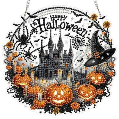 5D Halloween Diamantmalerei Anhänger mit Kette, Kürbis, Bastelset