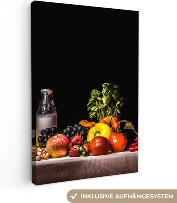 Produktbild von MuchoWow® - Leinwandbilder - Stilleben - Essen - Trinken - Obst - Schwarz, Wandbild, Wanddeko Bilder Wohnzimmer, 80x120 cm