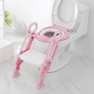 Image de Siège de toilettes pour enfants avec escalier Pliable avec coussin en polyuréthane et poignées Pot (rose+blanc)