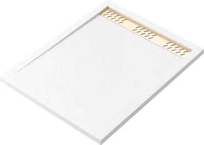 Image de Receveur en acrylique Blanc Effet Pierre 80x100x4 cm + Grilles Linéaires Chrome et Or Brossé - MOON