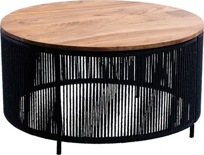 Produktbild von Couchtisch - Ø 75 cm - Schwarz - Akazienholz massiv - Kordelbespannung - Metallgestell