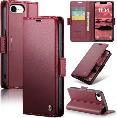 Immagine prodotto di Custodia per iPhone 16e, carta di blocco RFID, custodia in pelle avanzata con funzione di supporto Rosso