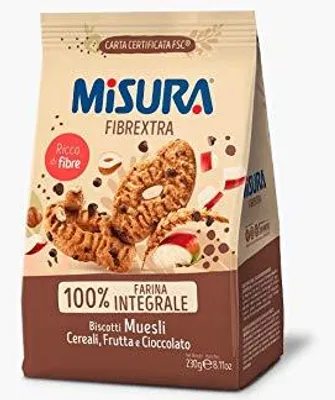 Produktbild von 6x Misura Fibrextra Biscotti Muesli cereali,frutta e cereali Kekse mit getreide, Obst und Schokolade cookies biscuits 100% Italienische Kekse 230g
