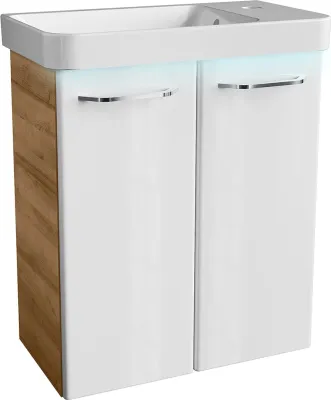 Produktbild von FACKELMANN MILANO Badmöbel Set 3 Teile / Waschbecken / Waschbeckenunterschrank mit 2 Türen / LED-Beleuchtung / Soft-Close-System / Gäste WC Set / Korpus: Braun hell / Front: Weiß / Breite: 55 cm