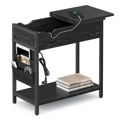 A black end table with storage and charging capabilities.