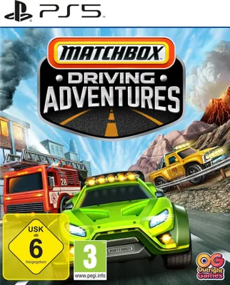 The image is a video game cover art for 'Matchbox Driving Adventures' on PS5. It features several toy-like vehicles, including a green off-road vehicle, a red fire truck, and a yellow pickup truck, in a dynamic scene with a volcano and city elements. There