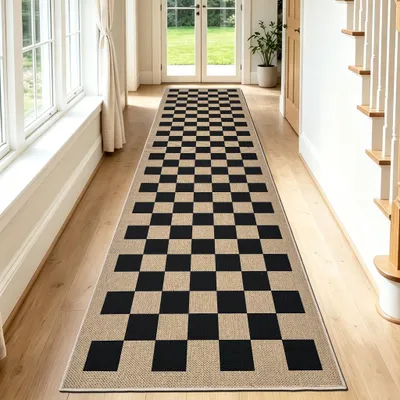 Obrázok produktu pre Moderný jutový koberec 80 x 300 cm - prateľný a protišmykový čierny